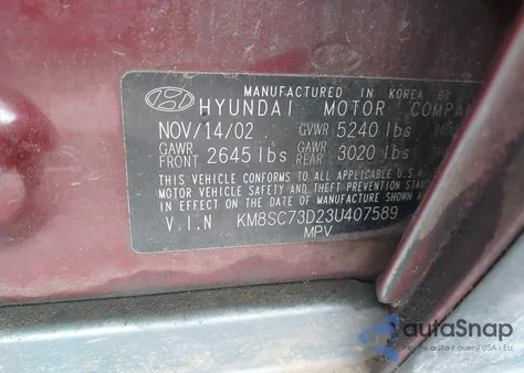 2003 Hyundai Santa Fe Gls/Lx from USA, damaged, VIN KM8SC73D234407589